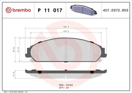 Bremsbelagsatz, Scheibenbremse Vorderachse BREMBO P 11 017 Bild Bremsbelagsatz, Scheibenbremse Vorderachse BREMBO P 11 017