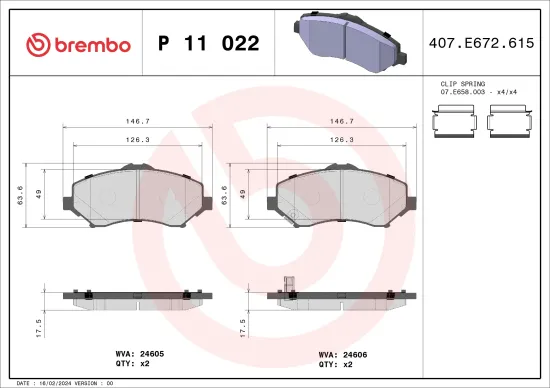 Bremsbelagsatz, Scheibenbremse Vorderachse BREMBO P 11 022 Bild Bremsbelagsatz, Scheibenbremse Vorderachse BREMBO P 11 022