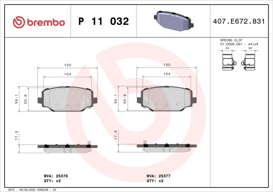 Bremsbelagsatz, Scheibenbremse Hinterachse BREMBO P 11 032 Bild Bremsbelagsatz, Scheibenbremse Hinterachse BREMBO P 11 032