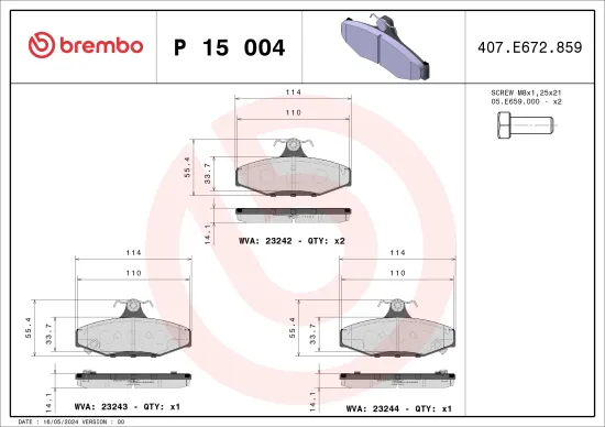 Bremsbelagsatz, Scheibenbremse Hinterachse BREMBO P 15 004 Bild Bremsbelagsatz, Scheibenbremse Hinterachse BREMBO P 15 004