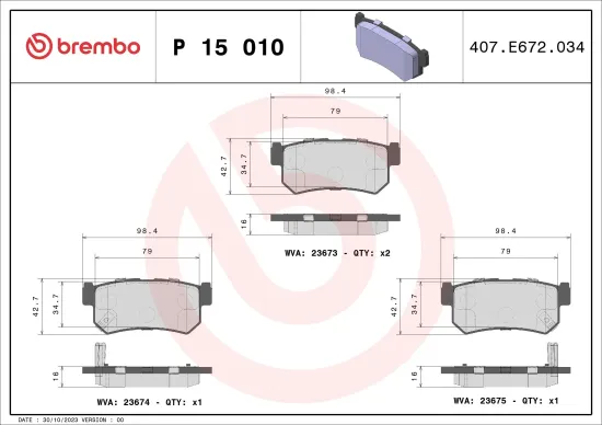 Bremsbelagsatz, Scheibenbremse Hinterachse BREMBO P 15 010 Bild Bremsbelagsatz, Scheibenbremse Hinterachse BREMBO P 15 010
