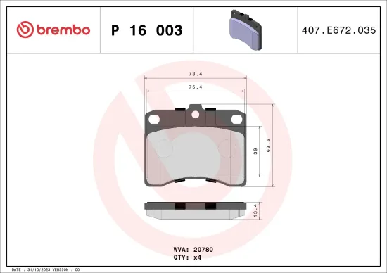Bremsbelagsatz, Scheibenbremse Vorderachse BREMBO P 16 003 Bild Bremsbelagsatz, Scheibenbremse Vorderachse BREMBO P 16 003