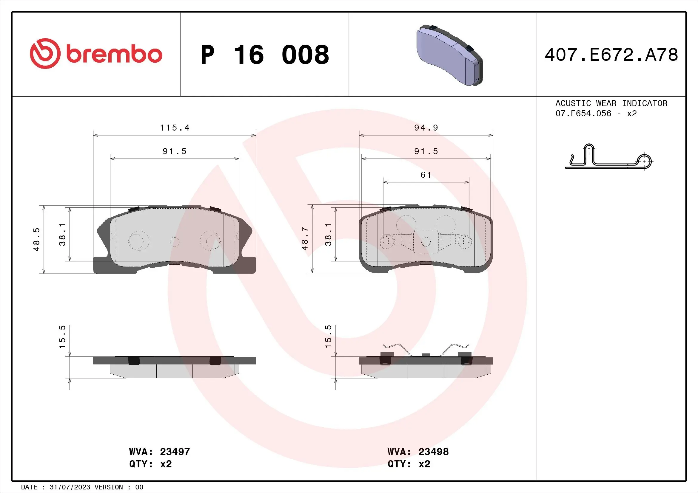 Bremsbelagsatz, Scheibenbremse Vorderachse BREMBO P 16 008