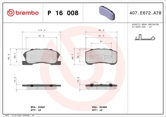 Bremsbelagsatz, Scheibenbremse Vorderachse BREMBO P 16 008 Bild Bremsbelagsatz, Scheibenbremse Vorderachse BREMBO P 16 008