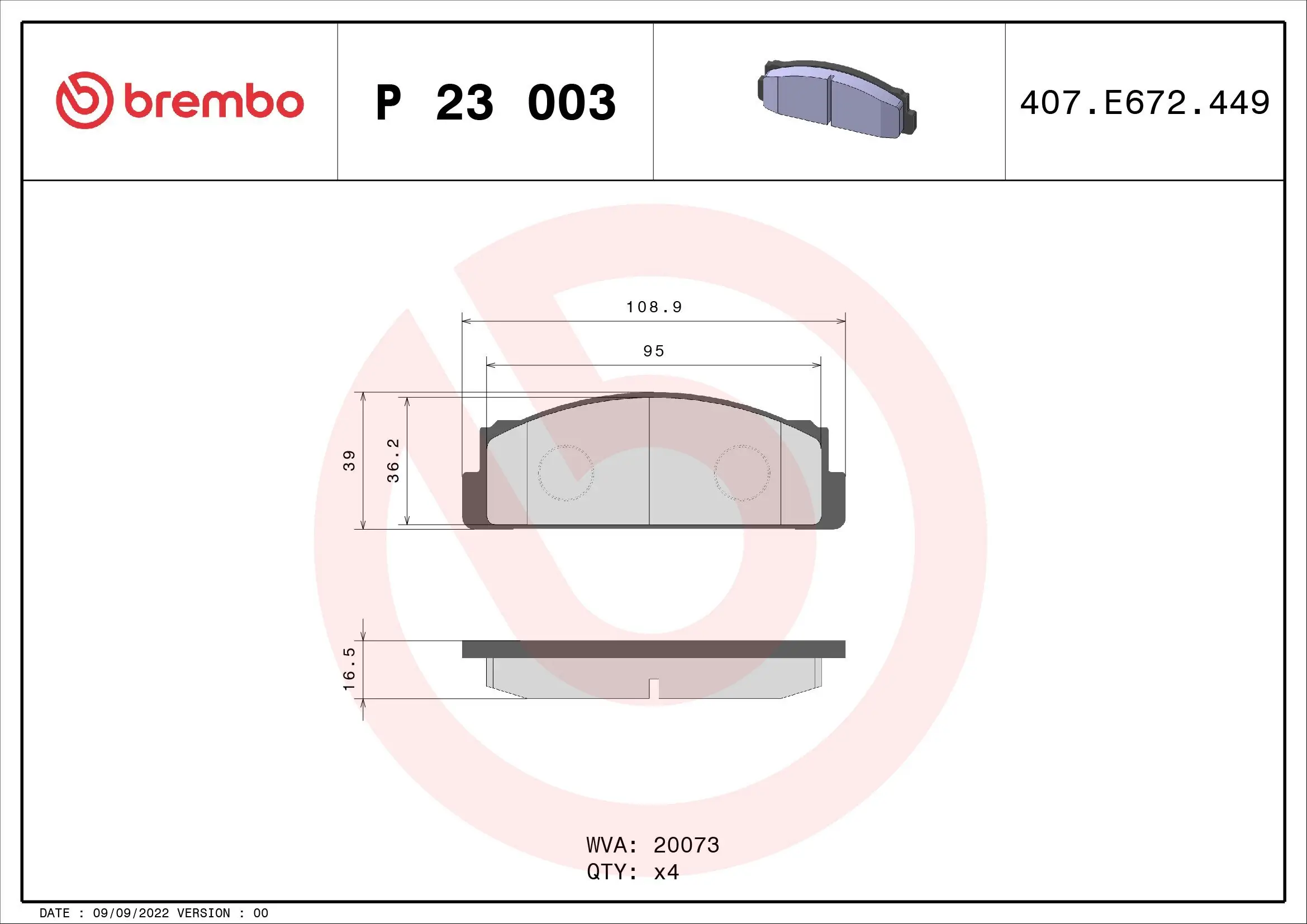 Bremsbelagsatz, Scheibenbremse Vorderachse BREMBO P 23 003