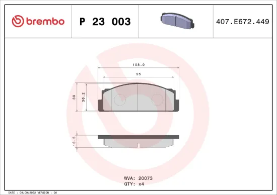Bremsbelagsatz, Scheibenbremse Vorderachse BREMBO P 23 003 Bild Bremsbelagsatz, Scheibenbremse Vorderachse BREMBO P 23 003