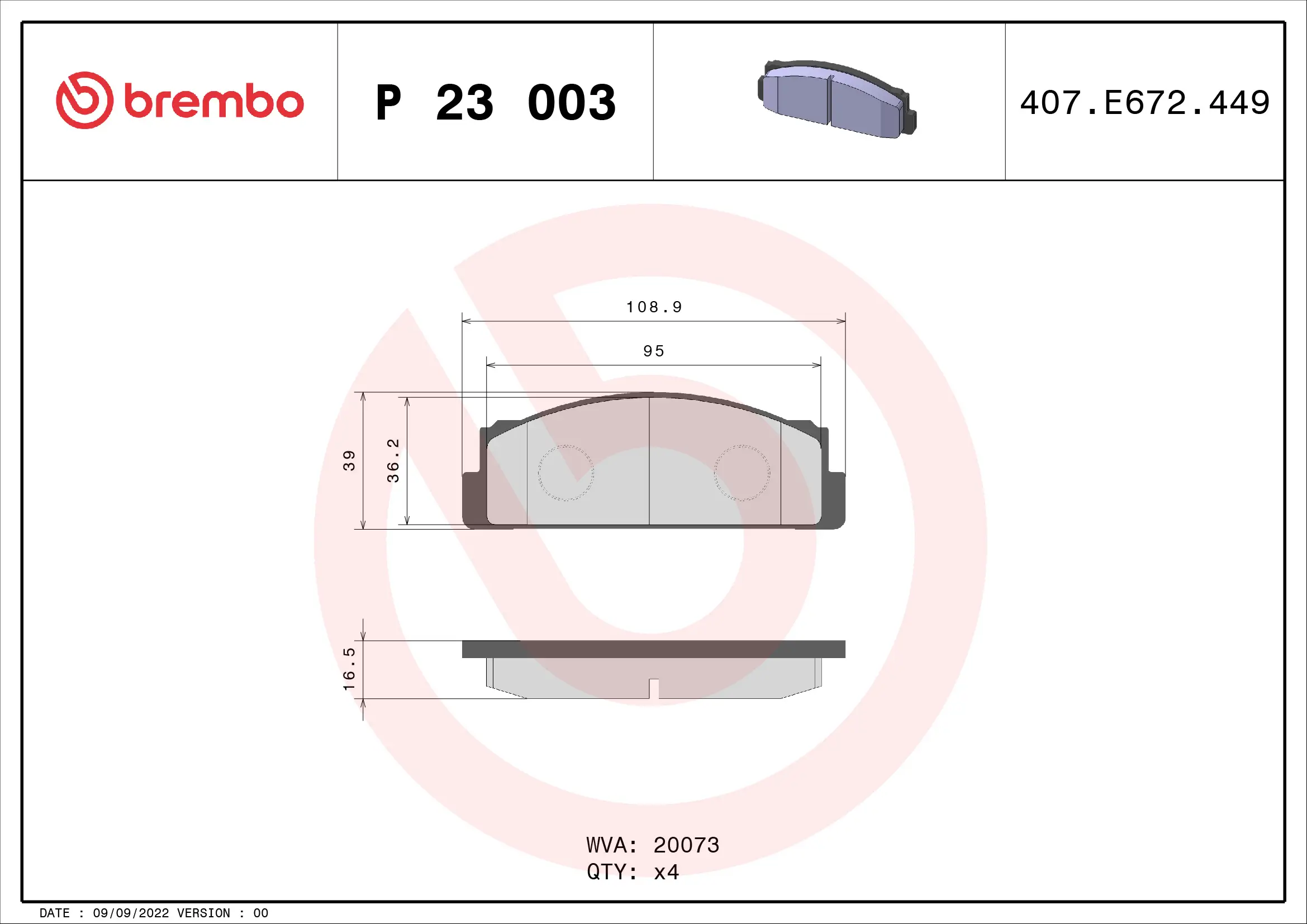 Bremsbelagsatz, Scheibenbremse Vorderachse BREMBO P 23 003