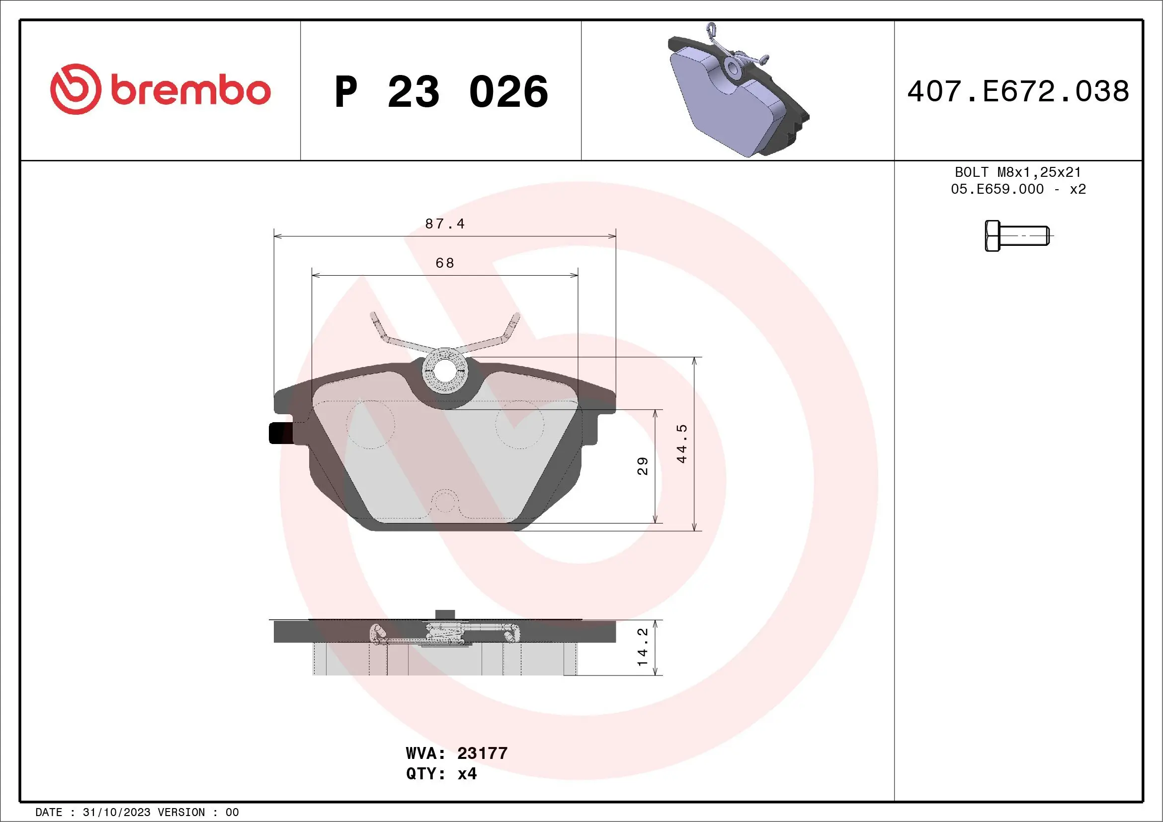 Bremsbelagsatz, Scheibenbremse Hinterachse BREMBO P 23 026