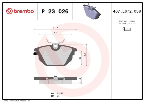 Bremsbelagsatz, Scheibenbremse Hinterachse BREMBO P 23 026 Bild Bremsbelagsatz, Scheibenbremse Hinterachse BREMBO P 23 026