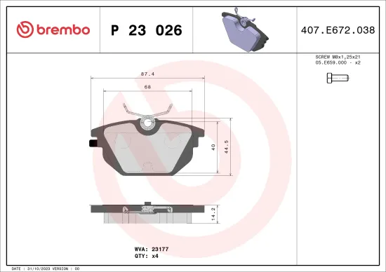 Bremsbelagsatz, Scheibenbremse Hinterachse BREMBO P 23 026 Bild Bremsbelagsatz, Scheibenbremse Hinterachse BREMBO P 23 026