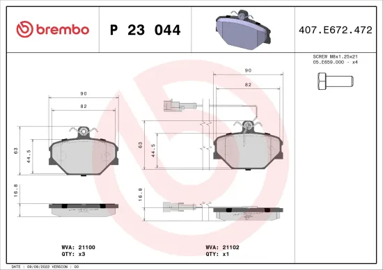 Bremsbelagsatz, Scheibenbremse Vorderachse BREMBO P 23 044 Bild Bremsbelagsatz, Scheibenbremse Vorderachse BREMBO P 23 044