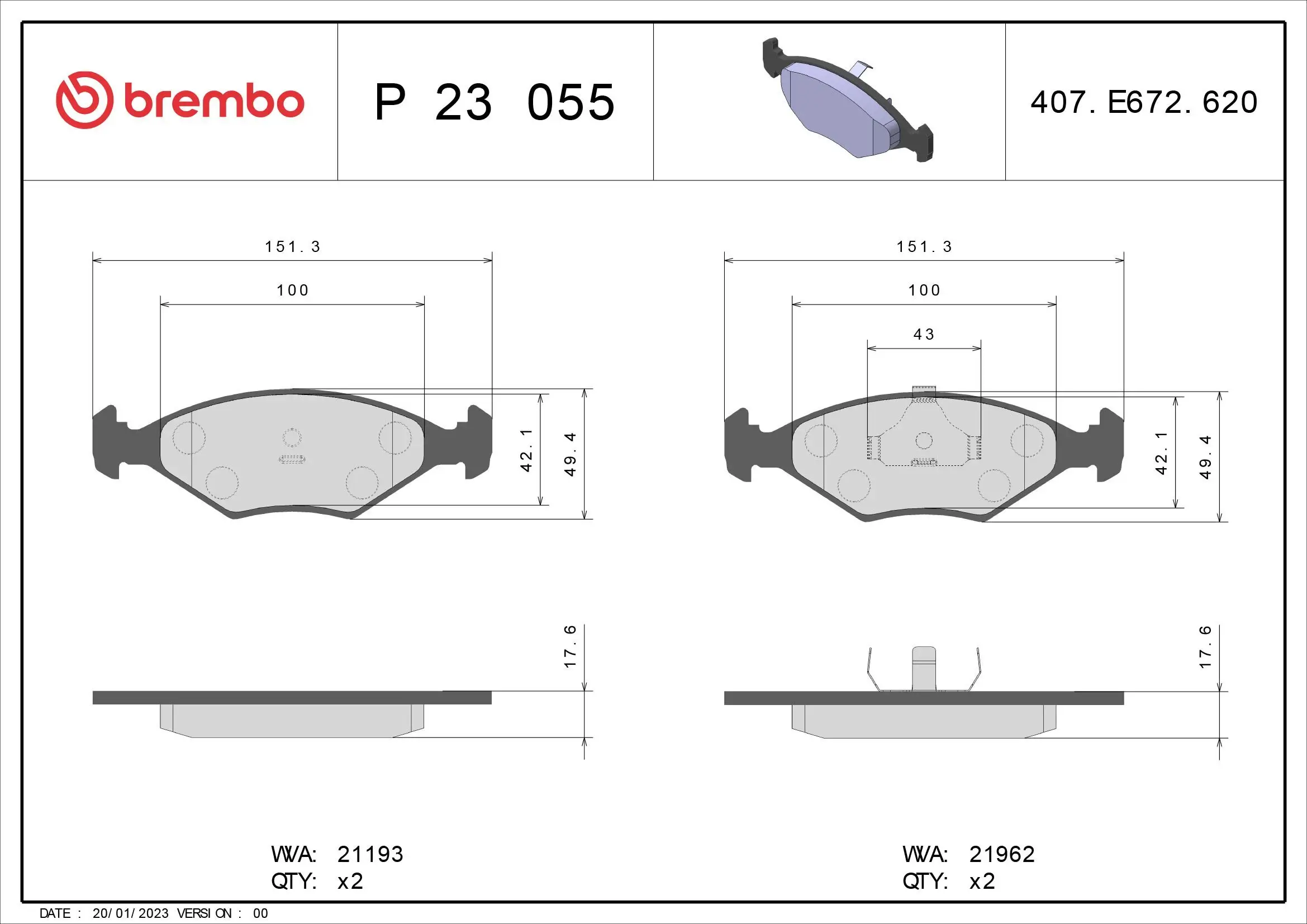 Bremsbelagsatz, Scheibenbremse Vorderachse BREMBO P 23 055