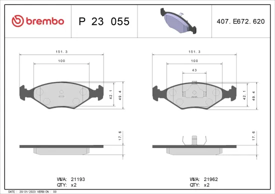 Bremsbelagsatz, Scheibenbremse Vorderachse BREMBO P 23 055 Bild Bremsbelagsatz, Scheibenbremse Vorderachse BREMBO P 23 055