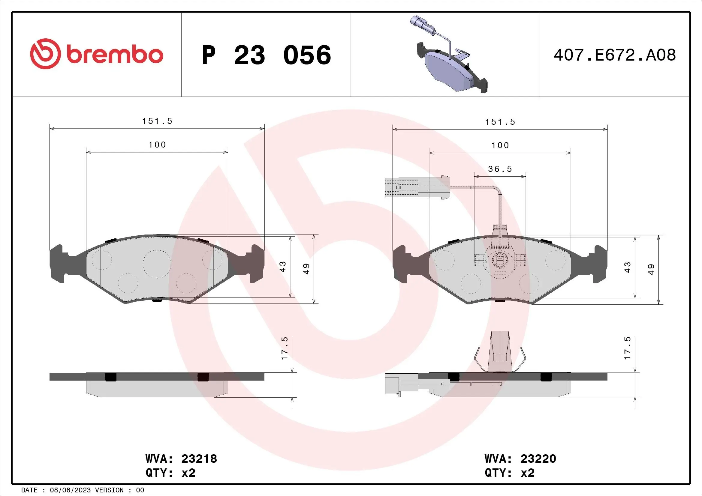 Bremsbelagsatz, Scheibenbremse Vorderachse BREMBO P 23 056