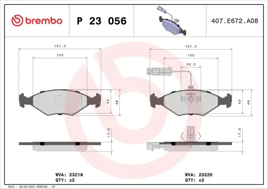 Bremsbelagsatz, Scheibenbremse Vorderachse BREMBO P 23 056 Bild Bremsbelagsatz, Scheibenbremse Vorderachse BREMBO P 23 056