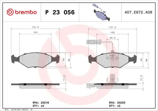Bremsbelagsatz, Scheibenbremse Vorderachse BREMBO P 23 056 Bild Bremsbelagsatz, Scheibenbremse Vorderachse BREMBO P 23 056