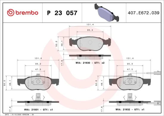 Bremsbelagsatz, Scheibenbremse Vorderachse BREMBO P 23 057 Bild Bremsbelagsatz, Scheibenbremse Vorderachse BREMBO P 23 057
