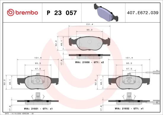 Bremsbelagsatz, Scheibenbremse Vorderachse BREMBO P 23 057 Bild Bremsbelagsatz, Scheibenbremse Vorderachse BREMBO P 23 057