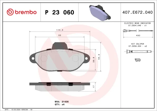 Bremsbelagsatz, Scheibenbremse Vorderachse BREMBO P 23 060 Bild Bremsbelagsatz, Scheibenbremse Vorderachse BREMBO P 23 060