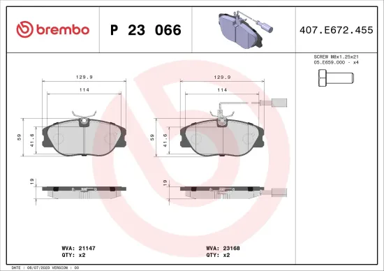 Bremsbelagsatz, Scheibenbremse Vorderachse BREMBO P 23 066 Bild Bremsbelagsatz, Scheibenbremse Vorderachse BREMBO P 23 066