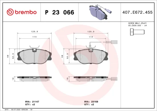 Bremsbelagsatz, Scheibenbremse Vorderachse BREMBO P 23 066 Bild Bremsbelagsatz, Scheibenbremse Vorderachse BREMBO P 23 066