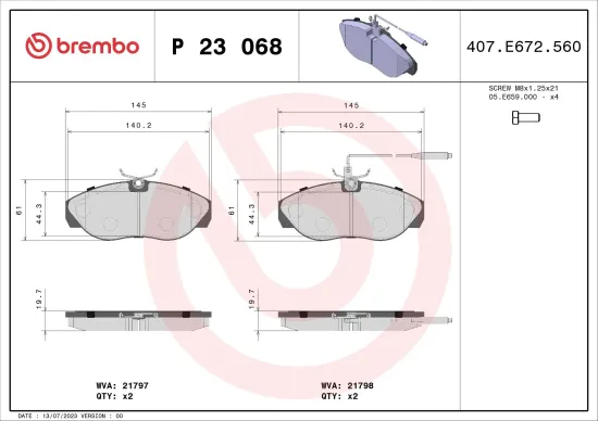 Bremsbelagsatz, Scheibenbremse Vorderachse BREMBO P 23 068 Bild Bremsbelagsatz, Scheibenbremse Vorderachse BREMBO P 23 068