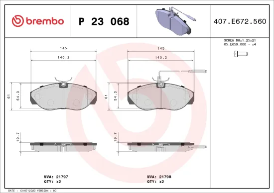 Bremsbelagsatz, Scheibenbremse Vorderachse BREMBO P 23 068 Bild Bremsbelagsatz, Scheibenbremse Vorderachse BREMBO P 23 068