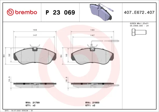 Bremsbelagsatz, Scheibenbremse Vorderachse BREMBO P 23 069 Bild Bremsbelagsatz, Scheibenbremse Vorderachse BREMBO P 23 069