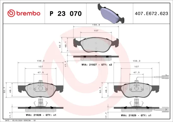 Bremsbelagsatz, Scheibenbremse Vorderachse BREMBO P 23 070 Bild Bremsbelagsatz, Scheibenbremse Vorderachse BREMBO P 23 070