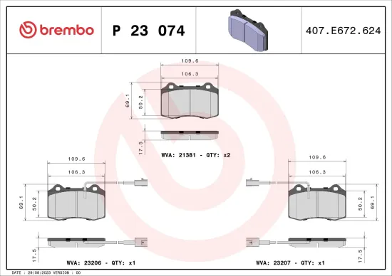 Bremsbelagsatz, Scheibenbremse Vorderachse BREMBO P 23 074 Bild Bremsbelagsatz, Scheibenbremse Vorderachse BREMBO P 23 074