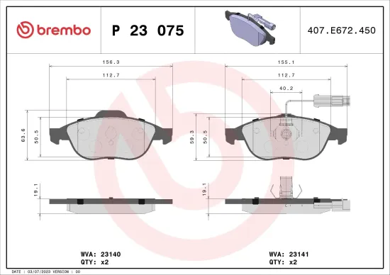 Bremsbelagsatz, Scheibenbremse Vorderachse BREMBO P 23 075 Bild Bremsbelagsatz, Scheibenbremse Vorderachse BREMBO P 23 075