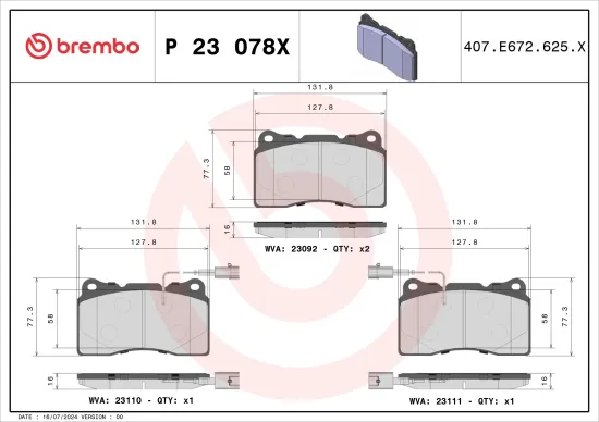 Bremsbelagsatz, Scheibenbremse BREMBO P 23 078X Bild Bremsbelagsatz, Scheibenbremse BREMBO P 23 078X