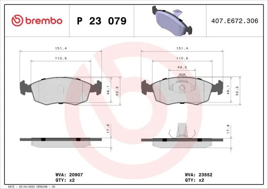 Bremsbelagsatz, Scheibenbremse Vorderachse BREMBO P 23 079 Bild Bremsbelagsatz, Scheibenbremse Vorderachse BREMBO P 23 079