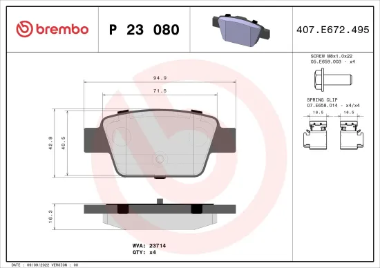Bremsbelagsatz, Scheibenbremse Hinterachse BREMBO P 23 080 Bild Bremsbelagsatz, Scheibenbremse Hinterachse BREMBO P 23 080