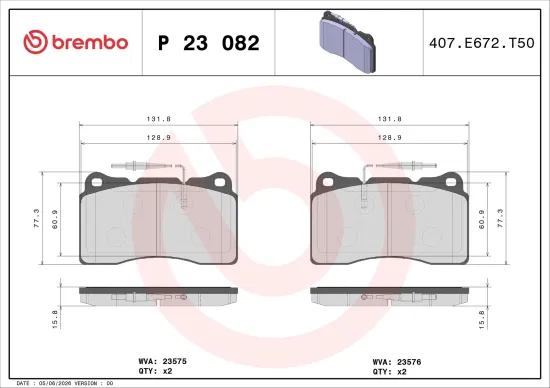 Bremsbelagsatz, Scheibenbremse Vorderachse BREMBO P 23 082 Bild Bremsbelagsatz, Scheibenbremse Vorderachse BREMBO P 23 082