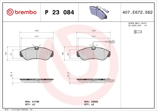 Bremsbelagsatz, Scheibenbremse Vorderachse BREMBO P 23 084 Bild Bremsbelagsatz, Scheibenbremse Vorderachse BREMBO P 23 084