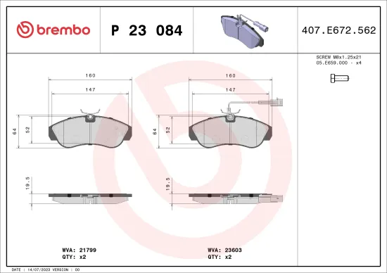 Bremsbelagsatz, Scheibenbremse Vorderachse BREMBO P 23 084 Bild Bremsbelagsatz, Scheibenbremse Vorderachse BREMBO P 23 084