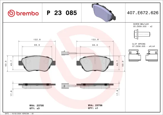 Bremsbelagsatz, Scheibenbremse Vorderachse BREMBO P 23 085 Bild Bremsbelagsatz, Scheibenbremse Vorderachse BREMBO P 23 085