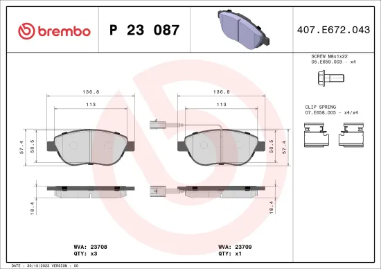 Bremsbelagsatz, Scheibenbremse Vorderachse BREMBO P 23 087 Bild Bremsbelagsatz, Scheibenbremse Vorderachse BREMBO P 23 087