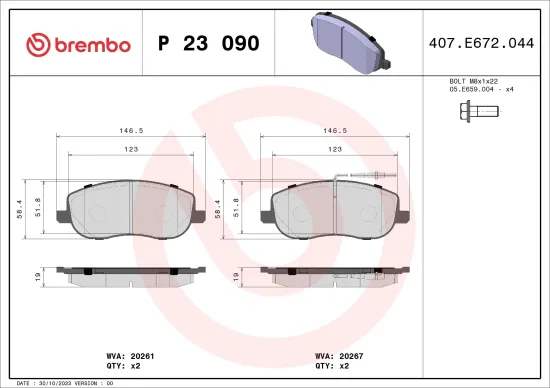 Bremsbelagsatz, Scheibenbremse Vorderachse BREMBO P 23 090 Bild Bremsbelagsatz, Scheibenbremse Vorderachse BREMBO P 23 090
