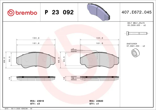 Bremsbelagsatz, Scheibenbremse Vorderachse BREMBO P 23 092 Bild Bremsbelagsatz, Scheibenbremse Vorderachse BREMBO P 23 092