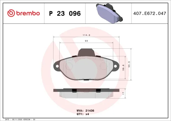 Bremsbelagsatz, Scheibenbremse Vorderachse BREMBO P 23 096 Bild Bremsbelagsatz, Scheibenbremse Vorderachse BREMBO P 23 096