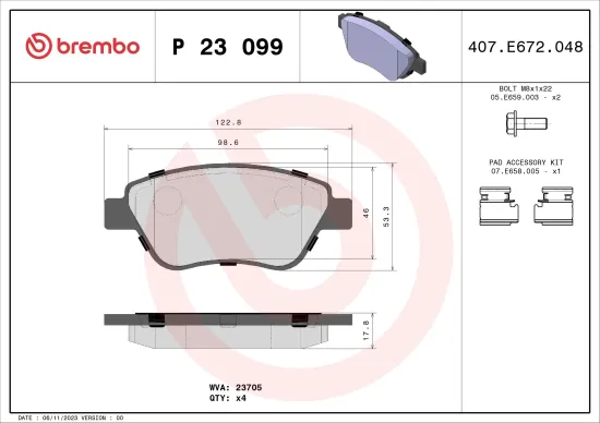 Bremsbelagsatz, Scheibenbremse Vorderachse BREMBO P 23 099 Bild Bremsbelagsatz, Scheibenbremse Vorderachse BREMBO P 23 099