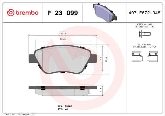 Bremsbelagsatz, Scheibenbremse Vorderachse BREMBO P 23 099 Bild Bremsbelagsatz, Scheibenbremse Vorderachse BREMBO P 23 099