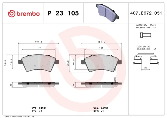 Bremsbelagsatz, Scheibenbremse Vorderachse BREMBO P 23 105 Bild Bremsbelagsatz, Scheibenbremse Vorderachse BREMBO P 23 105