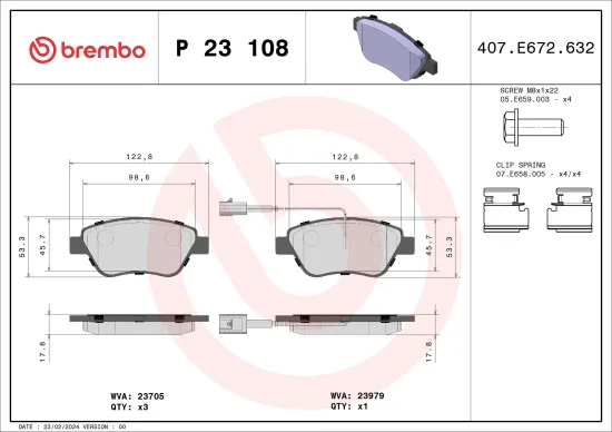 Bremsbelagsatz, Scheibenbremse Vorderachse BREMBO P 23 108 Bild Bremsbelagsatz, Scheibenbremse Vorderachse BREMBO P 23 108