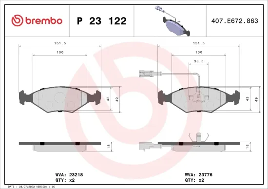 Bremsbelagsatz, Scheibenbremse Vorderachse BREMBO P 23 122 Bild Bremsbelagsatz, Scheibenbremse Vorderachse BREMBO P 23 122