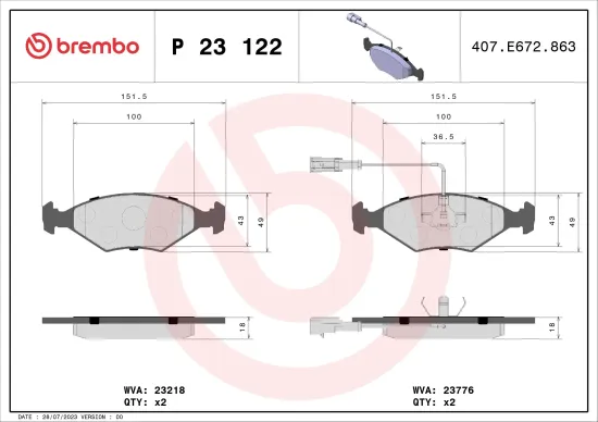Bremsbelagsatz, Scheibenbremse Vorderachse BREMBO P 23 122 Bild Bremsbelagsatz, Scheibenbremse Vorderachse BREMBO P 23 122