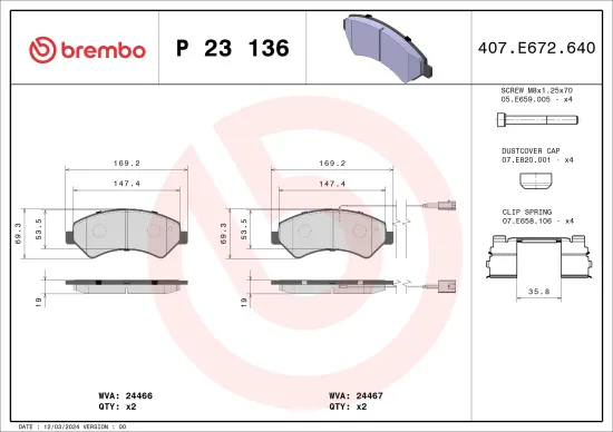 Bremsbelagsatz, Scheibenbremse Vorderachse BREMBO P 23 136 Bild Bremsbelagsatz, Scheibenbremse Vorderachse BREMBO P 23 136