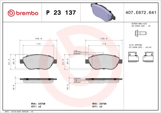 Bremsbelagsatz, Scheibenbremse Vorderachse BREMBO P 23 137 Bild Bremsbelagsatz, Scheibenbremse Vorderachse BREMBO P 23 137